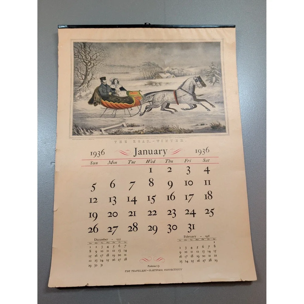 Vintage 1936 The Travelers Insurance Currier & Ives Wall Calendar Hartford CT
